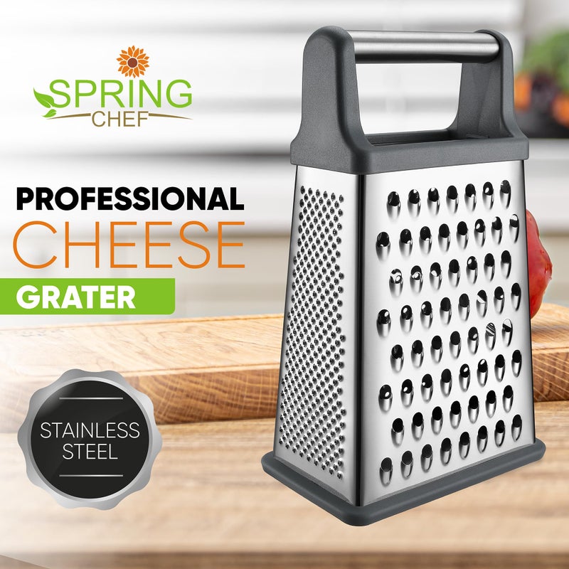 Spring Chef مبشرة جبن احترافية من سبرينغ شيف - مبشرة صندوقية من الفولاذ المقاوم للصدأ للمطبخ، حجم XL، 4 جوانب - مبشرة مثالية لجبن البارميزان، الجزر، البطاطس، الزنجبيل - آمنة للغسل في غسالة الصحون - رمادي - Image 2